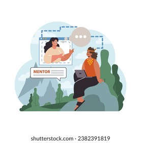 Solo travel, honeymoon on a retreat resort. Female character doing spiritual therapy with a mentor. Mindfulness and relaxation practice. Flat vector illustration