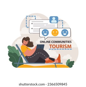 Solo travel or honeymoon online community. Woman planning an adventure online. Female character preparing to travel alone. Flat vector illustration