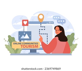 Solo travel or honeymoon online community. Woman planning an adventure online. Female character preparing to travel alone. Flat vector illustration