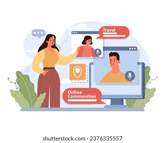 Solo travel or honeymoon online community. Woman planning an adventure online. Female character preparing to travel alone. Flat vector illustration