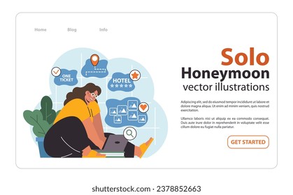 Solo travel or honeymoon planning web banner or landing page. Woman booking tickets online. Female character preparing to travel alone. Flight and a hotel research. Flat vector illustration