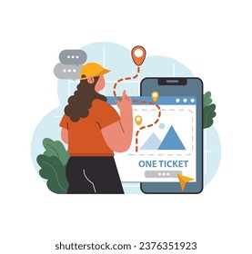 Solo travel or honeymoon planning. Woman booking tickets online. Female character preparing to travel alone. Flight and a hotel research. Flat vector illustration