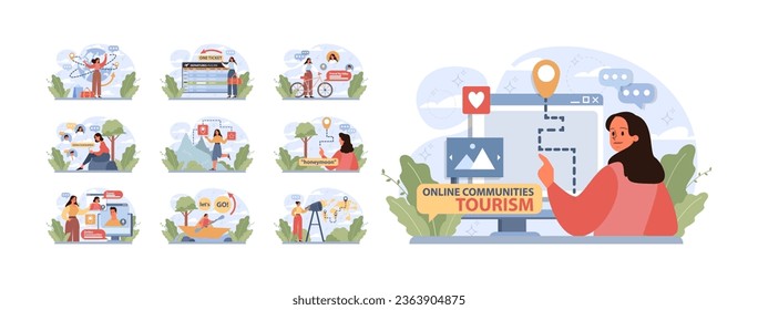 Solo travel, honeymoon set. Female character traveling alone. Woman outdoor relaxation, vacation activity. Adventurous lifestyle, traveler exploring nature by herself. Flat vector illustration