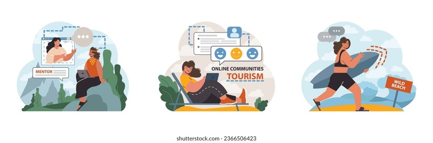 Solo travel, honeymoon set. Female character traveling alone. Woman outdoor relaxation, vacation activity. Adventurous lifestyle, traveler exploring nature by herself. Flat vector illustration