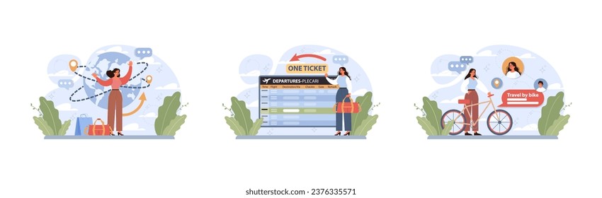 Solo travel, honeymoon set. Female character traveling alone. Woman outdoor relaxation, vacation activity. Adventurous lifestyle, traveler exploring nature by herself. Flat vector illustration