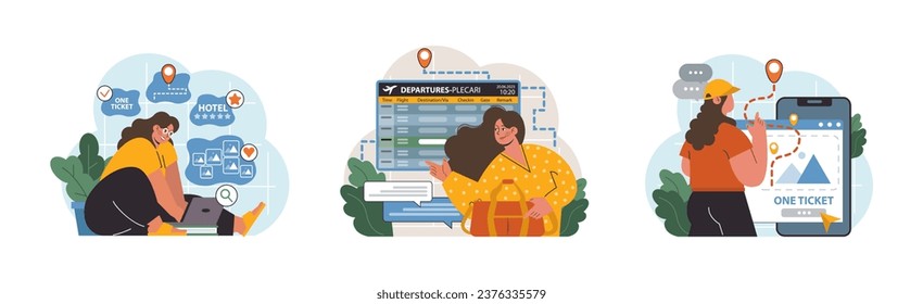 Solo travel, honeymoon set. Female character traveling alone. Woman outdoor relaxation, vacation activity. Adventurous lifestyle, traveler exploring nature by herself. Flat vector illustration
