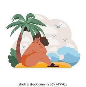 Solo travel or honeymoon summer holiday. Female character relaxing and resting on the beach. Woman in a swimsuit spending time on the coast. Flat vector illustration