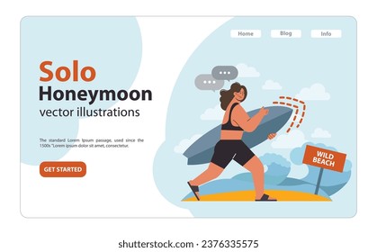 Solo travel or honeymoon summer holiday web banner or landing page. Character spending time on the beach. Young woman in a swimsuit holding a surfboard. Flat vector illustration