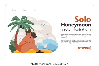 Solo travel or honeymoon summer holiday web banner or landing page. Female character relaxing and resting on the beach. Woman in a swimsuit spending time on the coast. Flat vector illustration