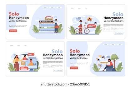 Solo travel, honeymoon web banner or landing page set. Female character traveling alone. Woman outdoor relaxation, vacation activity. Adventurous lifestyle. Flat vector illustration