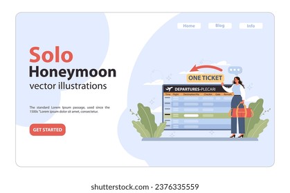 Solo travel, honeymoon web banner or landing page. Woman at the airport with luggage. Female tourist with baggage checking a flight time. Idea of travel and vacation. Flat vector illustration