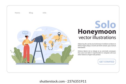 Solo travel, honeymoon web banner or landing page. Female character traveling alone. Woman outdoor relaxation, vacation activity. Traveler exploring nature by herself. Flat vector illustration