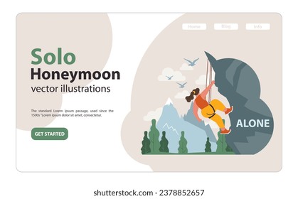 Solo travel, honeymoon web banner or landing page. Mountaineering. Mountain female climber during nature adventure. Woman climbing rock wall using special equipment. Flat vector illustration