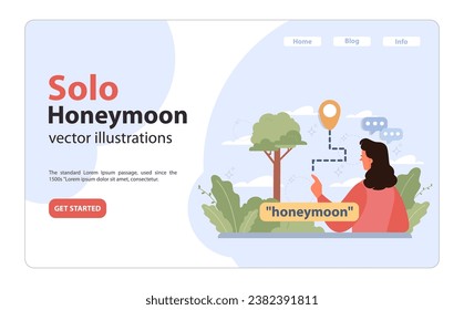 Solo travel, honeymoon web banner or landing page. Female character traveling alone. Woman outdoor relaxation, vacation activity. Traveler exploring nature by herself. Flat vector illustration