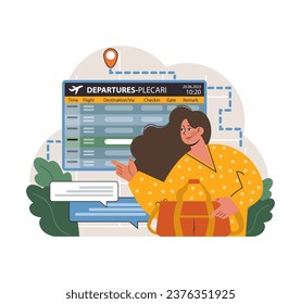 Solo travel, honeymoon. Woman at the airport with luggage. Female tourist with baggage checking a flight time. Idea of travel and vacation. Flat vector illustration