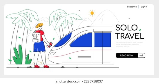 Solo travel - modern colorful flat design style illustration on white background. A tourist woman with backpack, passport and tickets gets on a ground transport to go on a trip. Departure and vacation