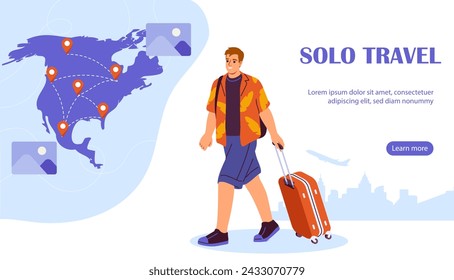 Solo travel poster. Man with luggage at background of world map. International tourism. Holiday and vacation. Landing webpage design. Cartoon flat vector illustration isolated on white background