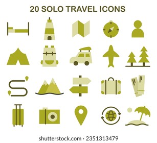 Solo travel set. Character traveling alone with a back pack. Outdoor relaxation, vacation activity. Adventurous lifestyle, traveler exploring nature. Flat vector illustration