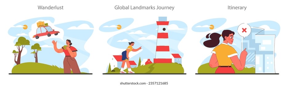 Solo travel set. Character traveling alone with a back pack. Outdoor relaxation, vacation activity. Adventurous lifestyle, traveler exploring nature. Flat vector illustration