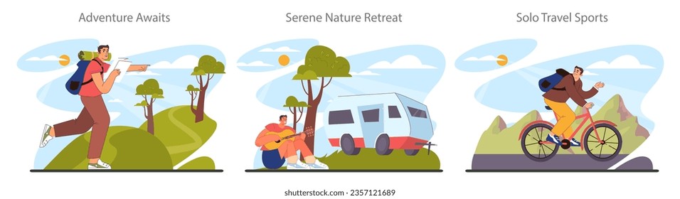 Solo travel set. Character traveling alone with a back pack. Outdoor relaxation, vacation activity. Adventurous lifestyle, traveler exploring nature. Flat vector illustration