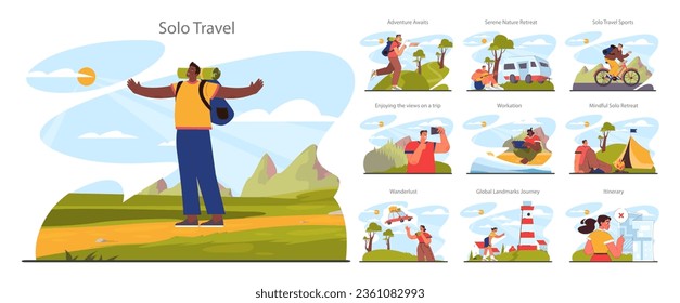 Solo travel set. Character traveling alone with a back pack. Outdoor relaxation, vacation activity. Adventurous lifestyle, traveler exploring nature. Flat vector illustration