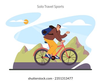 Deporte de viajes individuales. Personaje viajando solo con una mochila. Viaje en bicicleta. Estilo de vida aventurero, viajero explorando la naturaleza en bicicleta. Ilustración vectorial plana