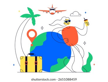 Solo Travel Vector Illustration Featuring a Character Traveling Alone for Outdoor Relaxation, Vacation Activities, and an Adventurous Lifestyle