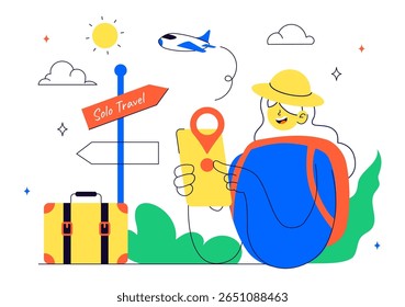 Ilustração de vetor de viagem a solo com um personagem viajando sozinho para o relaxamento ao ar livre, atividades de férias e um estilo de vida aventureiro