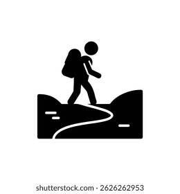 Solo Traveler with Backpack Walking Along a Winding Trail Black Icon