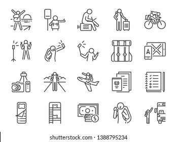 Solo traveler line icon set. Included icons as travel, vacation, tour, transport, holiday, tourism and more.