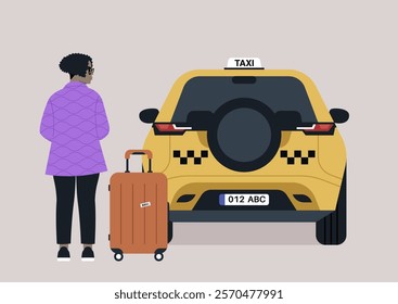 A solo traveler stands beside a yellow taxi at the airport, suitcase in tow, as they await a ride, Dressed in a purple jacket, she embodies the excitement of embarking on a new adventure