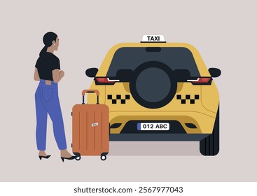 A solo traveler stands next to a yellow taxi at the airport, holding a suitcase, eagerly anticipating departure, The atmosphere buzzes with excitement and movement