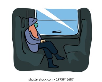 Solo traveller in train vector illustration