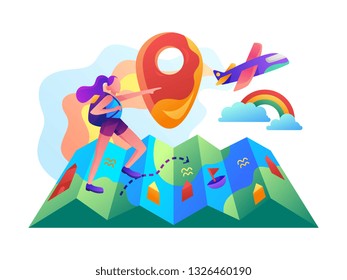 solo Travelling with navigation on screen, compass, map, a girl that searching for the destination flat illustration can be used for iu