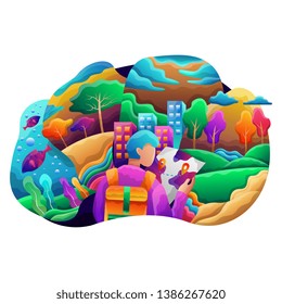 solo Travelling with navigation on screen, compass, map, a man that searching for the destination flat illustration can be used for iu