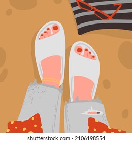 Solo walking on the beach. Female relax on sand in slippers and jeans. Sunglasses on comfort plaid with stripes. Cartoon hand drawn vector illustration. Vacation alone outdoor activity on fresh air. 