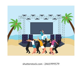Soloist concert held on the beach, vector illustration.