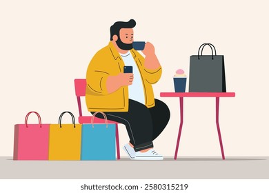 soloist or single by choice , lifestyle concept, happy chubby fat man drink coffee and use phone, shopping sale advertisement ,online delivery promotion, minimal flat cartoon vector