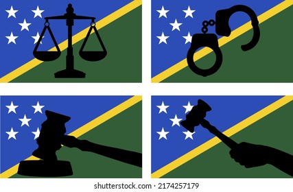 Bandera de las Islas Salomón con silueta vectorial de la justicia, martillo de gavel del juez y escalas de justicia y silueta de esposas en la bandera del país, concepto de derecho de las Islas Salomón, activo de diseño, idea de libertad