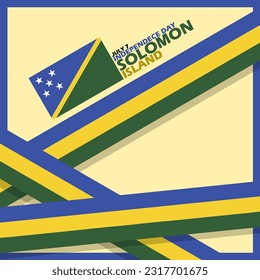 Solomon Island flag with ribbons and bold text in frame on light brown background to commemorate Solomon Islands Independence Day on July 7