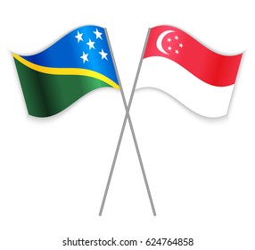 Solomon Island and Singaporean crossed flags. Solomon Islands combined with Singapore isolated on white. Language learning, international business or travel concept.