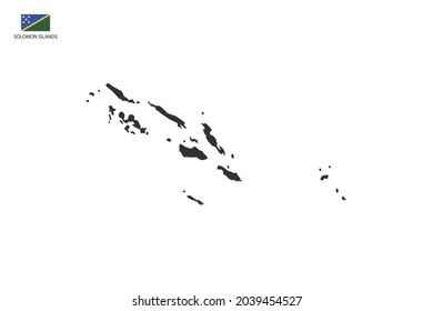 Mapa de la sombra negra de las Islas Salomón aislado en un fondo blanco con la bandera del icono de las Islas Salomón en la esquina izquierda.