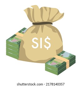Ilustración del vector del dólar de las Islas Salomón. Dinero salomón puso billetes en paquete. Bolsa de dinero 50 SBD. Estilo plano. Aislado sobre fondo blanco. Diseño sencillo y mínimo.