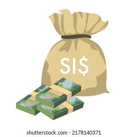 Ilustración del vector del dólar de las Islas Salomón. Dinero salomón puso billetes en paquete. Bolsa de dinero 50 SBD. Estilo plano. Aislado sobre fondo blanco. Diseño sencillo y mínimo.