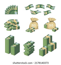 Solomon Islands Dollar Vector Illustration. Huge packs of  Solomon money set bundle banknotes. Bundle with cash bills. Deposit, wealth, accumulation and inheritance. Falling money 50 SBD