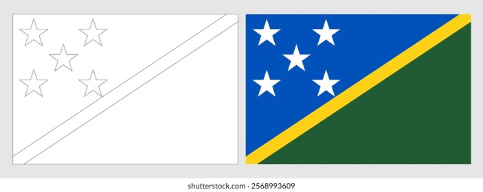 Solomon Islands flag - coloring page. Set of white wireframe thin black outline flag and original colored flag.