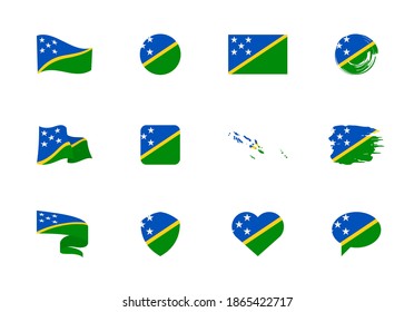 Solomon Islands flag - flat collection. Flags of different shaped twelve flat icons. Vector illustration set