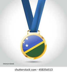 Solomon Islands Flag in gold Medal. Vector Illustration. RIO Olympic Game gold Medal. Vector Illustration