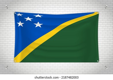 Bandera de las Islas Salomón colgada en la pared de ladrillos. Dibujo 3D. Bandera pegada a la pared. Dibujar cuidadosamente en grupos en capas separadas para facilitar la edición.