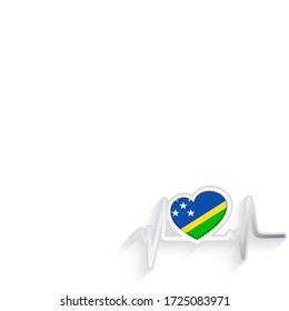 Solomon Islands flag heart shaped and heartbeat line isolated on white. Solomon Islands Patriotic Background. Vector illustration.